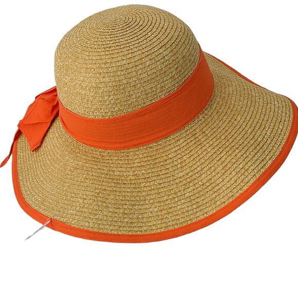 Charming Charlie broad brimmed floppy straw hat orange trim - Picture 4 of 8